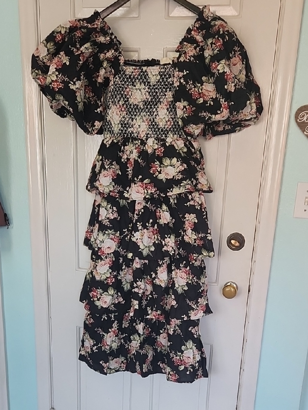 Floral Smocked Tiered Midi Dress in Black